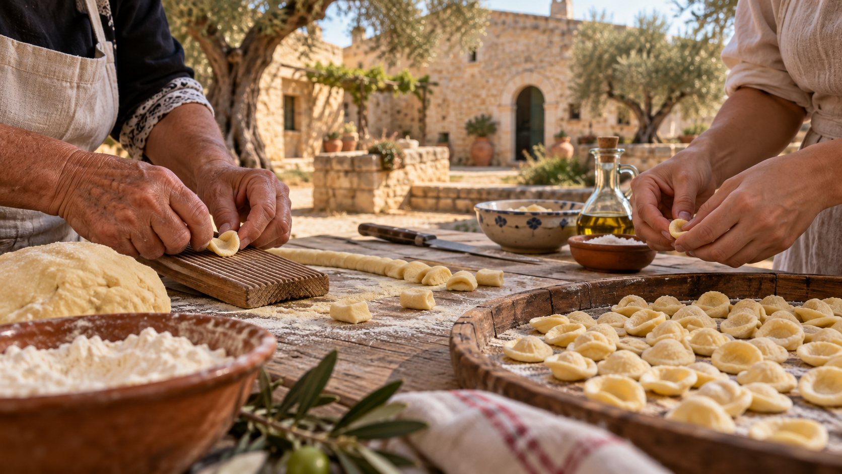 Mani che preparano orecchiette in masseria