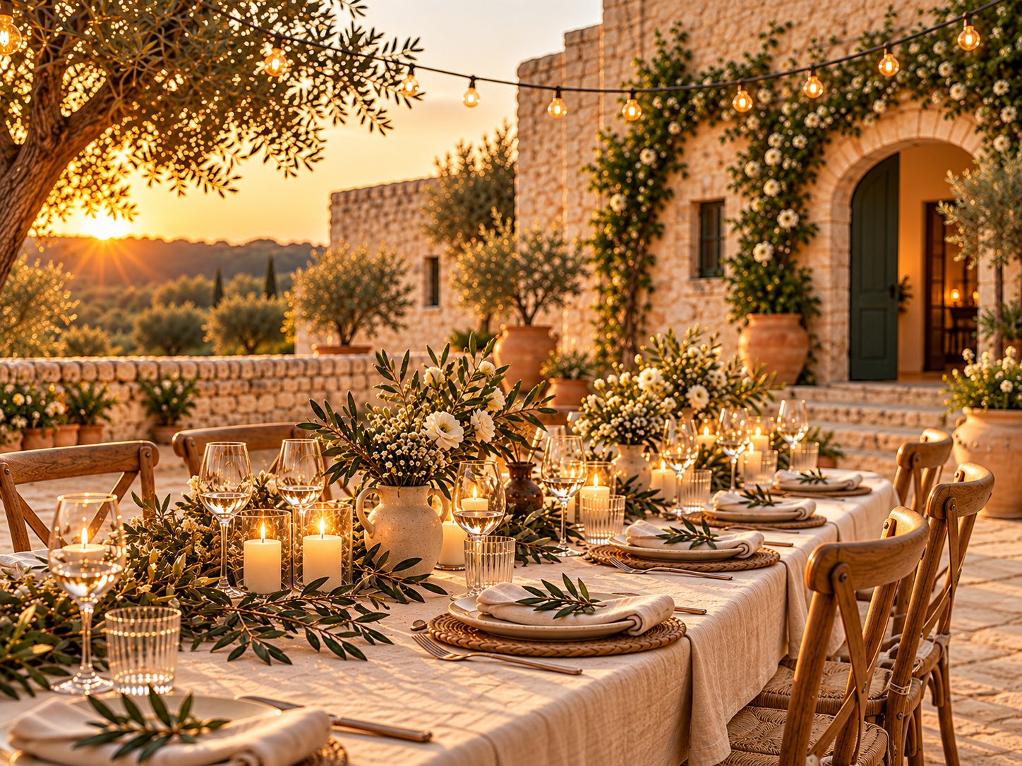 Tavola allestita nel cortile di una masseria pugliese al tramonto