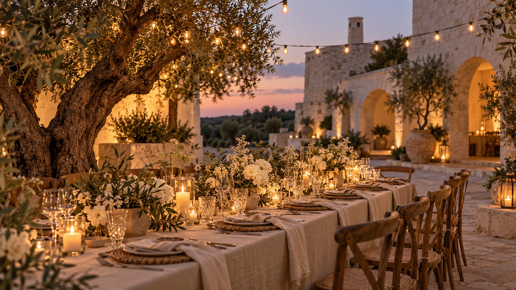 Tavola allestita per un evento nel cortile di una masseria